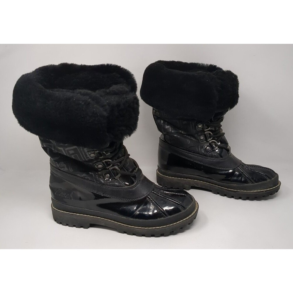 Coach Leonora Black Faux Fur Lace-Up Snow Winter Boots Signature Size 6 B Y2K‎